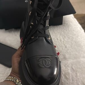 CHANEL Black Lace-Up Leather Boots